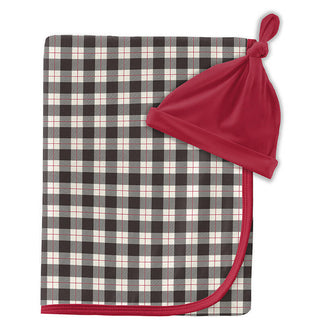 KicKee Pants Baby Print Swaddling Blanket and Knot Hat Set - Midnight Holiday Plaid with Crimson