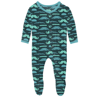KicKee Pants Boys Print Footie with Snaps - Pine Mustaches