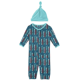 KicKee Pants Boys Print Layette Gown Converter and Single Knot Hat Set - Twilight Skis