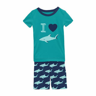 KicKee Pants Boys Print Short Sleeve Graphic Tee Pajama Set with Shorts - Flag Blue Sharky