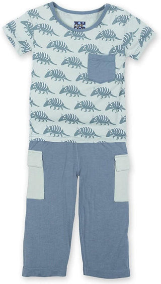 KicKee Pants Boy's Print Short Sleeve Tee with Pocket & Cargo Pant Outfit Set - Aloe Armadillo