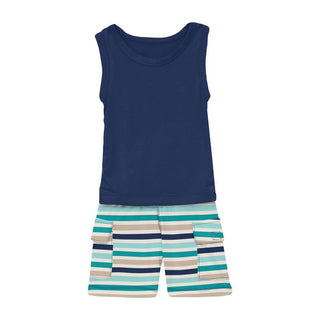 KicKee Pants Boys Print Tank and Cargo Short Outfit Set - Sand and Sea Stripe