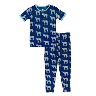 KicKee Pants CUSTOM Print Short Sleeve Pajama Set - Flag Blue Unicorns with Glass Trim