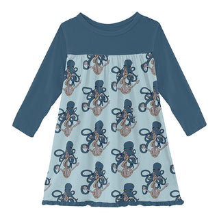 KicKee Pants Girl's Print Bamboo Classic Long Sleeve Swing Dress - Spring Sky Octopus Anchor