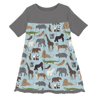 KicKee Pants Girl's Print Bamboo Classic Short Sleeve Swing Dress - Spring Sky Zoo