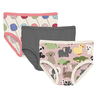 KicKee Pants Girl's Print Bamboo Underwear (Set of 3) - Lula's Lollipops, Pewter & Baby Rose Too Many Stuffies