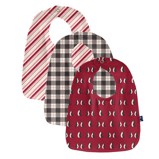 KicKee Pants Girls Print Bib Set - Crimson Penguins, Midnight Holiday Plaid and Strawberry Candy Cane Stripe - One Size