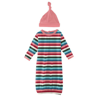 KicKee Pants Girls Print Layette Gown and Single Knot Hat Set - Snowball Multi Stripe
