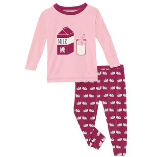 KicKee Pants Girls Print Long Sleeve Graphic Tee Pajama Set - Berry Cow 15ANV