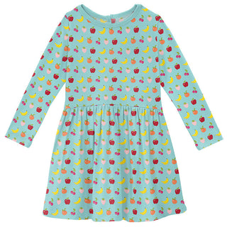KicKee Pants Girl's Print Long Sleeve Twirl Dress - Summer Sky Mini Fruit