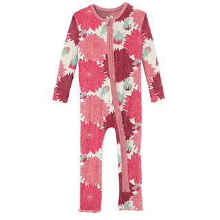 KicKee Pants Girls Print Muffin Ruffle Coverall with Zipper - Natural Dahlias