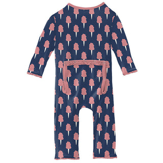 KicKee Pants Girls Print Muffin Ruffle Coverall with Zipper - Navy Cotton Candy