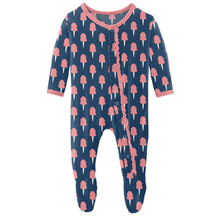KicKee Pants Girls Print Muffin Ruffle Footie with Snaps - Navy Cotton Candy