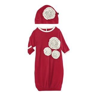 KicKee Pants Girls Solid Dahlia Flower Layette Gown and Flower Hat Set - Crimson with Natural
