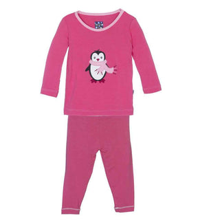KicKee Pants Holiday Long Sleeve AppliquePajama Set, Winter Rose Penguin