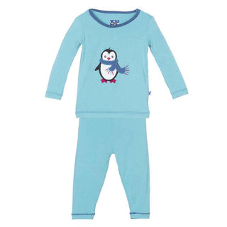 KicKee Pants Holiday Long Sleeve AppliquePajama Set, Glacier Penguin