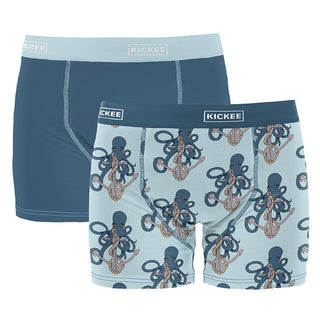 KicKee Pants Men's Print Bamboo Boxer Brief (Set of 2) - Spring Sky Octopus Anchor & Deep Sea