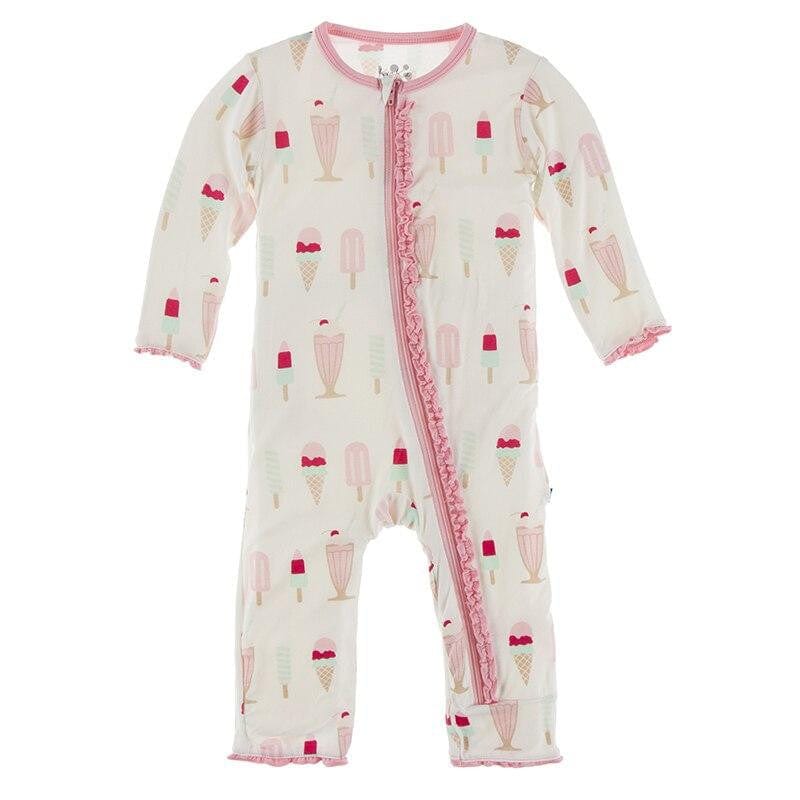 Kickee Pants Muffin Ruffle Coverall, Natural Ice Cream Shop Baby Riddle