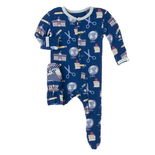 KicKee Pants Print Footie with Snaps - Navy Education