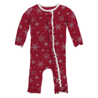 KicKee Pants Print Muffin Ruffle Coverall with Snaps - Crimson Snowflakes