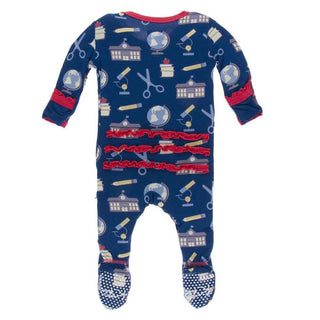 KicKee Pants Print Muffin Ruffle Footie with Snaps - Navy Education