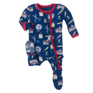 KicKee Pants Print Muffin Ruffle Footie with Snaps - Navy Education