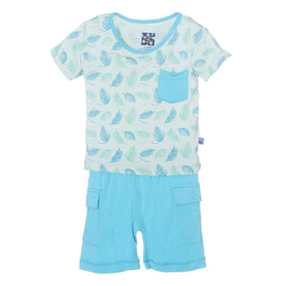 KicKee Pants Print Short Sleeve Tee with Pocket and Cargo Short Outfit Set, Palm Frond