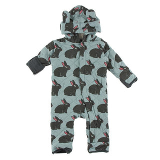 KicKee Pants Quilted Hoodie Coverall with Ears - Jade Forest Rabbit/Stone