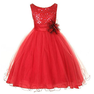 Kid's Dream Girl's Sequin Double Mesh Flower Dress - Red