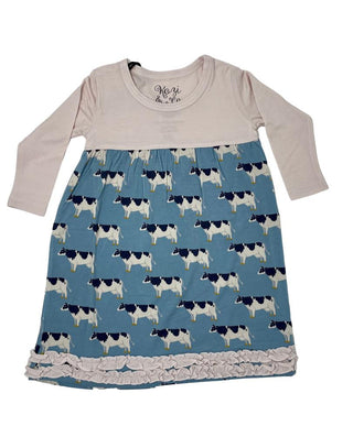 Kozi and Co Long Sleeve Swing Dress - Blue Cows