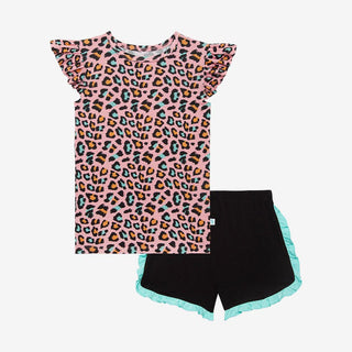 Posh Peanut Girl's Basic Ruffled Cap Sleeve T-Shirt and Ruffled Varsity Short Outfit Set - Roxy (Cheetah Print)