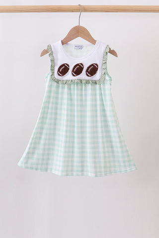 Green football french knot gingham ruffle dress