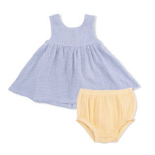 Infant Dress with Bow and Bloomer - Micro Gingham Blue Blizzard 1337 Angel Dear Size: 6-12M