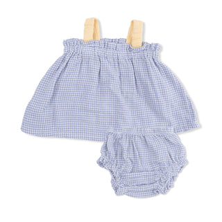 Top with Bows and Ruffle Leg Bloomer - Micro Gingham Blue Blizzard 1353 Angel Dear Size: 3-6M