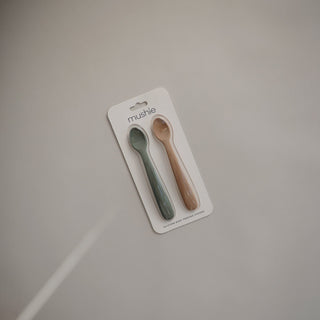 Silicone Feeding Spoons 2-Packsilicone tablewareMushieColor: Cambridge Blue/Shifting Sand