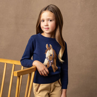 Horse Intarsia Pullover Sweater - Navy Sweaters Hope & Henry Size: 3-6 Months Color: Navy