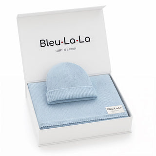100% Organic Cotton Knit Blanket + Hat Set with Gift Box Bleu La La Color: Sky Blue