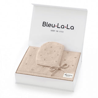 Organic Pointelle Swaddle Blanket + Hat Gift Set Bleu La La Color: Oatmeal