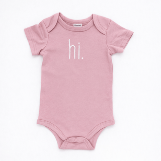 Hi. Embroidered Rosy Pink Cotton Knit Onesie for Baby Huggalugs Size: 0-3 months