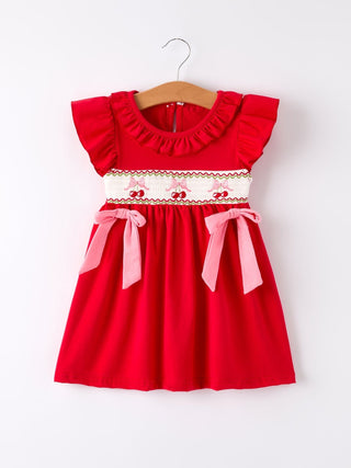 Red Cherry Bow Smocking Embroidery Girls' Dress Dress Rylee Faith Designs Size: 2