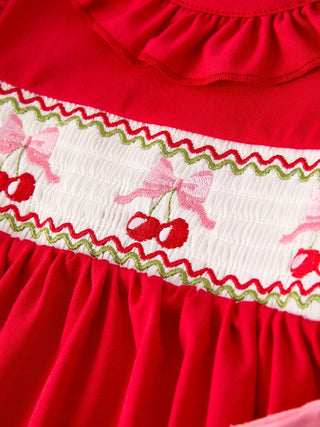 Red Cherry Bow Smocking Embroidery Girls' Dress Dress Rylee Faith Designs Size: 2