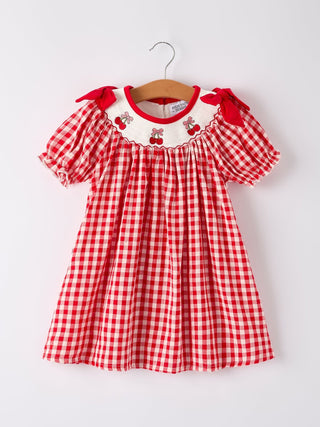 Red Cherry Bow Plaid Smocking Embroidery Girls' Dress Dress Rylee Faith Designs Size: 2