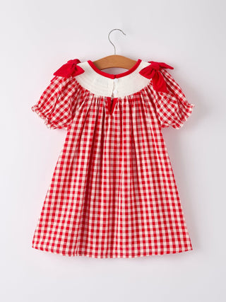 Red Cherry Bow Plaid Smocking Embroidery Girls' Dress Dress Rylee Faith Designs Size: 2