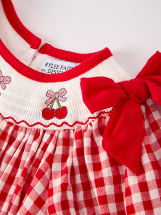 Red Cherry Bow Plaid Smocking Embroidery Girls' Dress Dress Rylee Faith Designs Size: 2