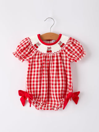 Red Cherry Bow Plaid Smocking Embroidery Girls' RomperRomperRylee Faith DesignsSize: 3M
