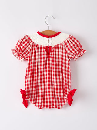 Red Cherry Bow Plaid Smocking Embroidery Girls' RomperRomperRylee Faith DesignsSize: 3M