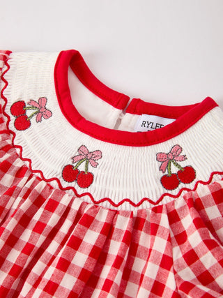 Red Cherry Bow Plaid Smocking Embroidery Girls' RomperRomperRylee Faith DesignsSize: 3M