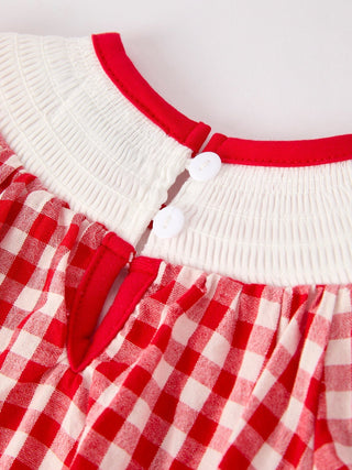 Red Cherry Bow Plaid Smocking Embroidery Girls' RomperRomperRylee Faith DesignsSize: 3M