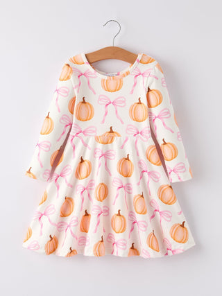 Fall Halloween & Thanksgiving Pumpkin Bow Print Long Sleeve Dress