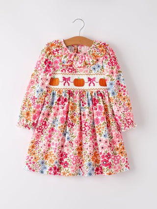 Fall Halloween & Thanksgiving Pumpkin Bow Smock Embroidered Floral Dress
